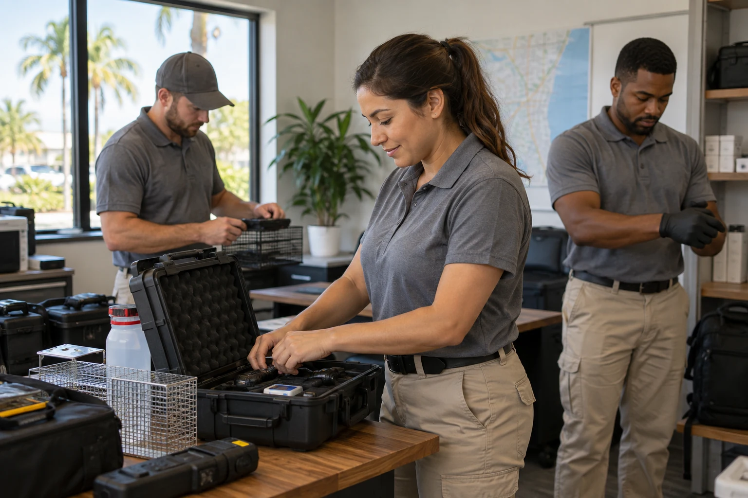 Coastal Rodent Defense team preparing equipment for a West Palm Beach service visit