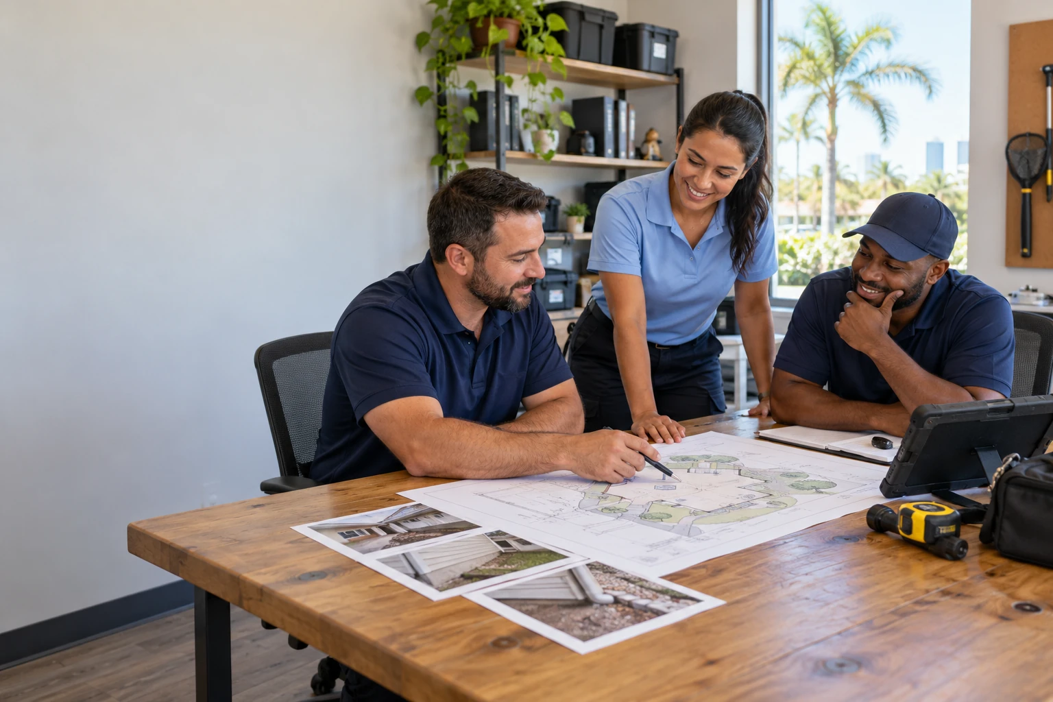 Coastal Rodent Defense team reviewing a West Palm Beach property inspection plan in their office