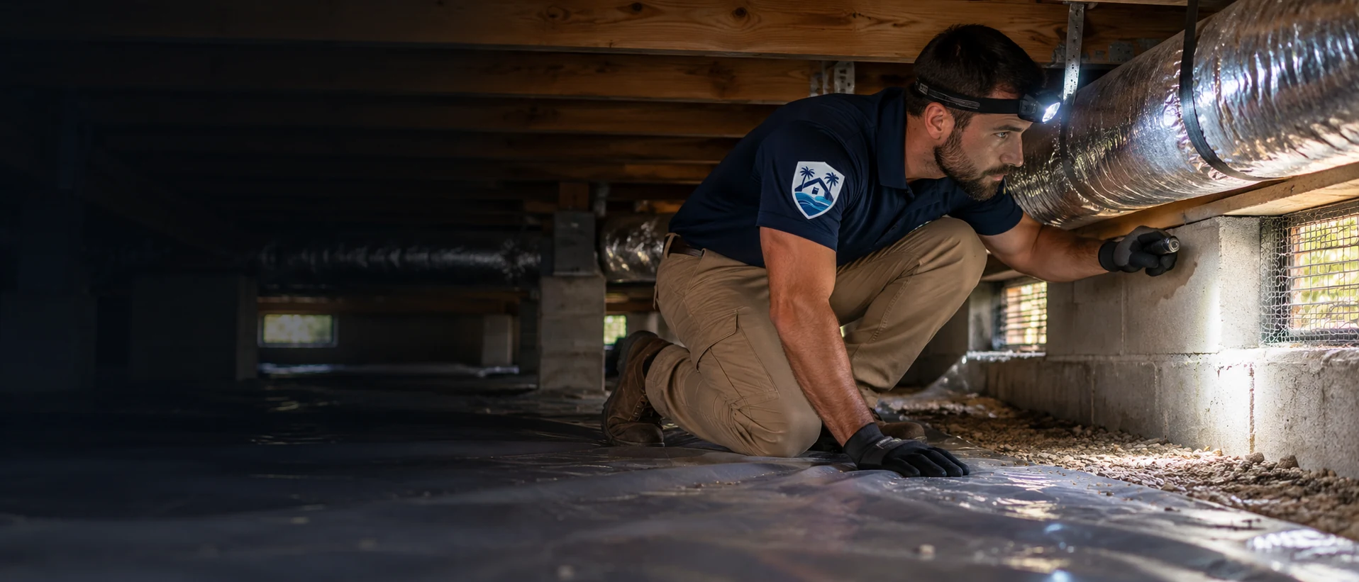Technician assessing rodent odor in a crawl space