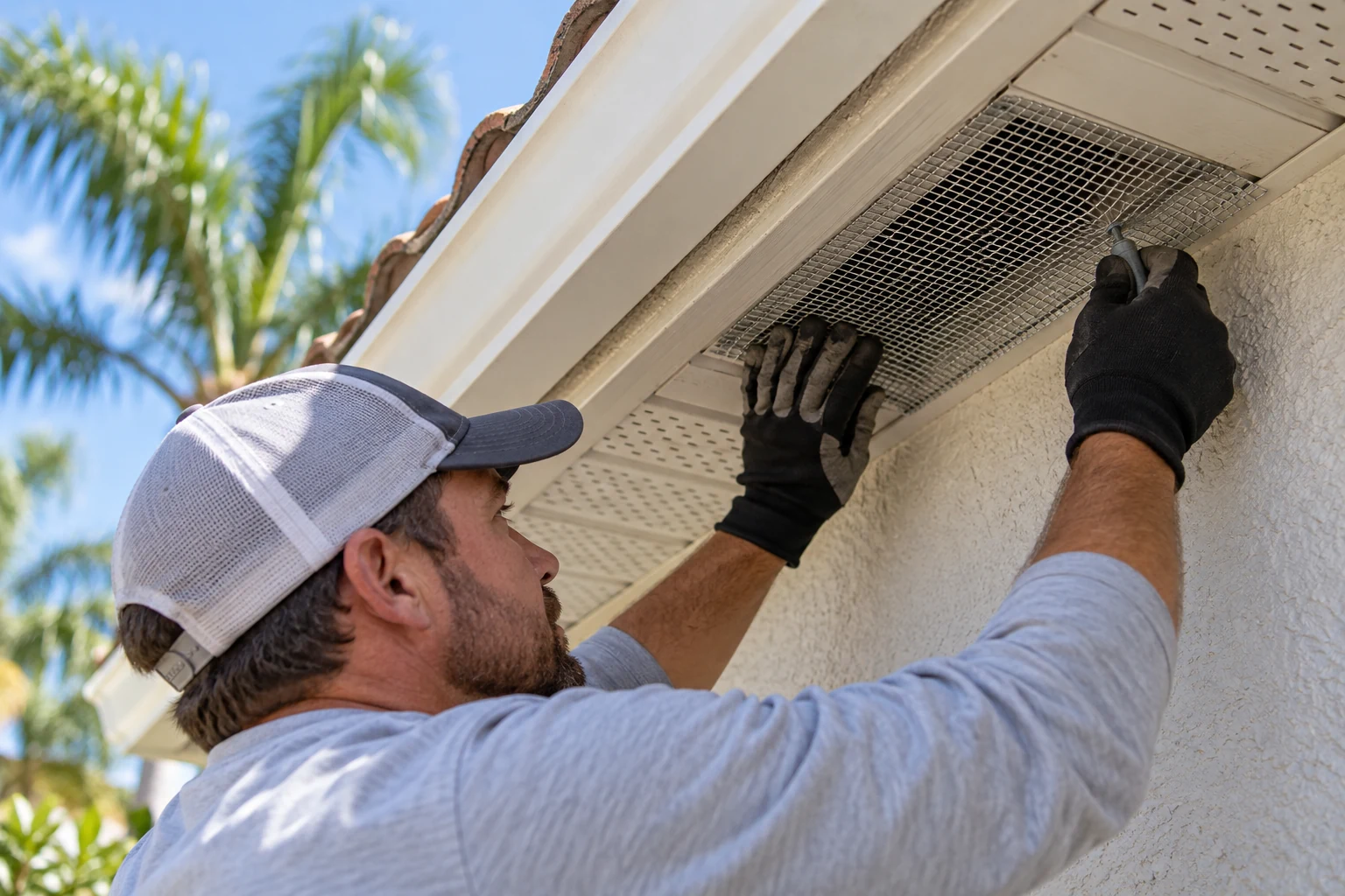 Rodent Inspection in west palm beach: rodent control technician wearing a headlamp and respirator, peering into a dimly lit