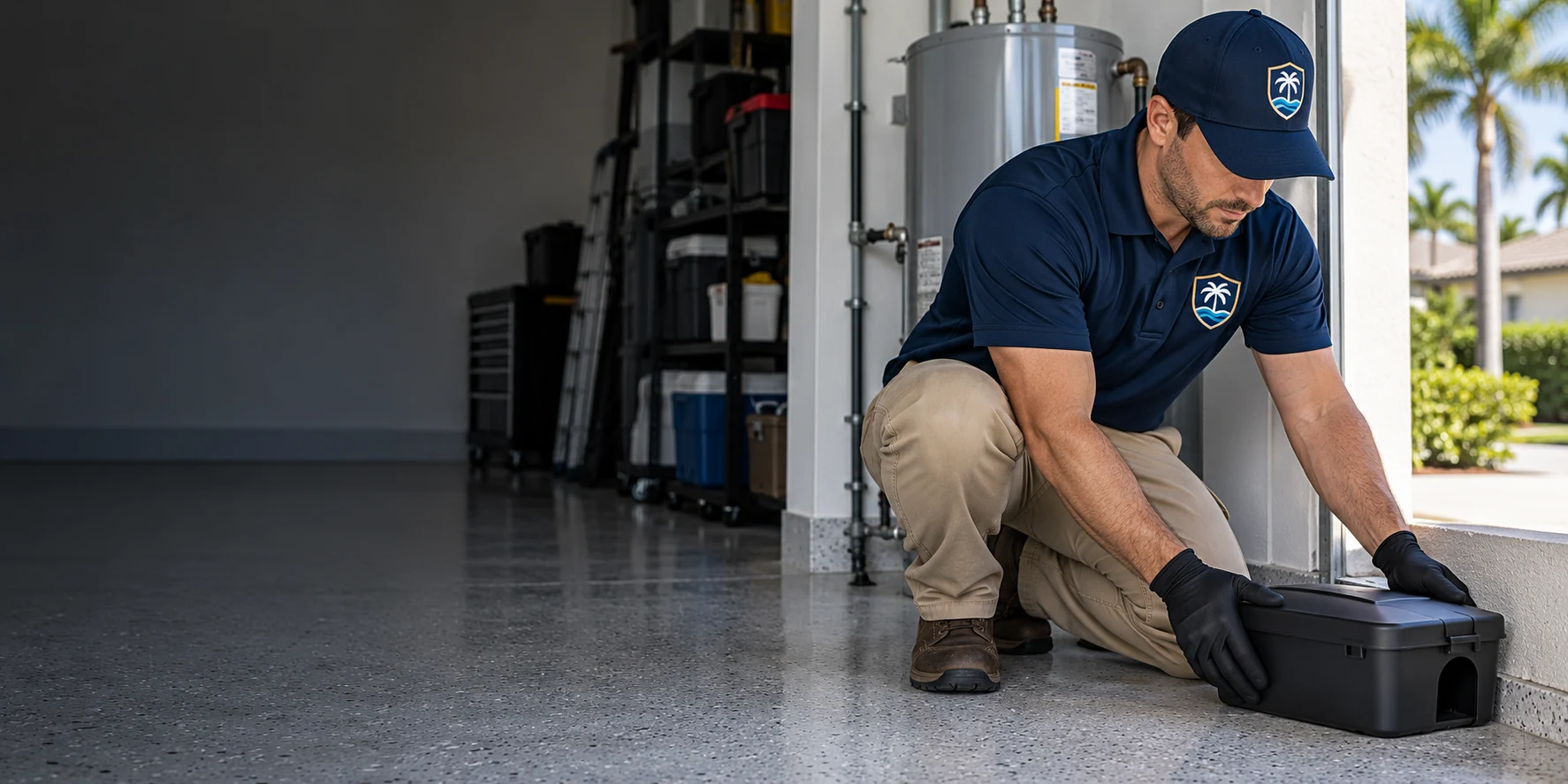 Technician preparing targeted rodent-control equipment near Ibis